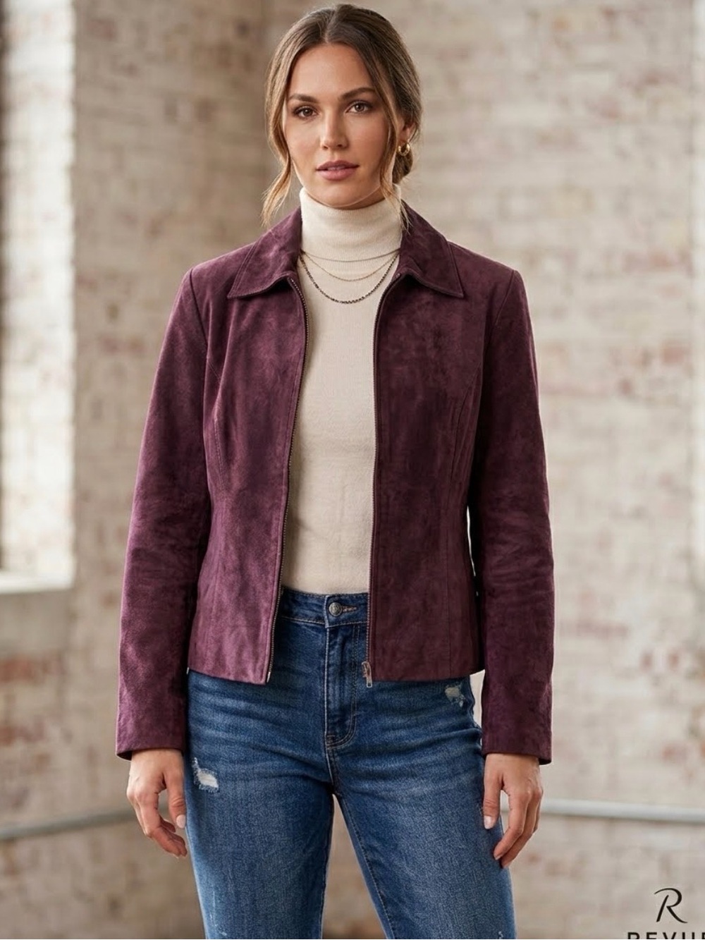 Women’s Suede Zip-Front Jacket in Plum